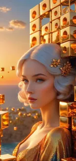 Elegant woman with golden cubes in a sunset fantasy setting.