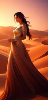 Elegant figure at sunset in a serene desert landscape.