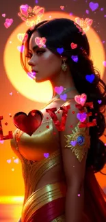 Romantic sunset wallpaper with woman in vibrant attire and love text.