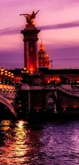 Elegant sunset over a historic bridge with vibrant purple and pink hues.