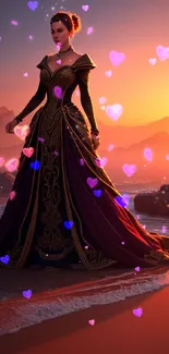 Princess in ornate gown at sunset on beach, vibrant and elegant.