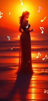 Elegant silhouette of a woman against a vibrant sunset ocean background.