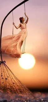 Woman elegantly swinging at sunset with artistic backdrop.