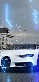 White supercar against a European city backdrop, showcasing urban elegance.