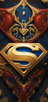 Elegant superhero emblem with gold and blue details on a mobile wallpaper.