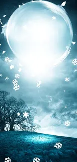 Surreal nightscape wallpaper with glowing orb over trees.