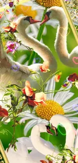 Elegant swan and floral mobile wallpaper with green and golden accents.