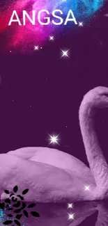 Elegant swan on a purple backdrop with colorful accents.