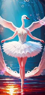 Elegant swan ballet dancer art wallpaper with ethereal wings.