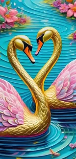 Elegant swan couple with vibrant colors and floral accents.