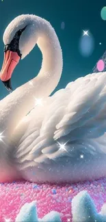 Elegant swan resting amidst a vibrant fantasy setting, ideal for mobile wallpaper.