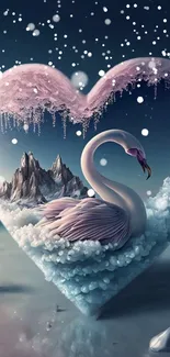 Elegant swan inside a heart-shaped icy formation, set against a dreamy blue background.