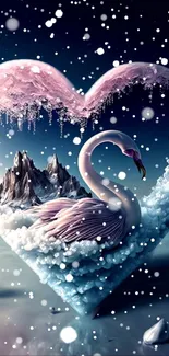 Beautiful swan in a snowy heart-shaped landscape with mountains and falling snow.