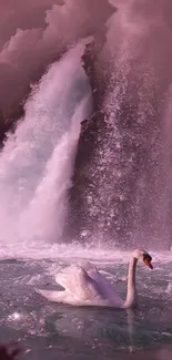 Elegant swan in tranquil pink waterfall setting.