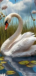 Graceful swan gliding in tranquil pond with water lilies.