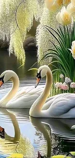 Serene wallpaper featuring swans on a lake surrounded by flowers.