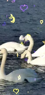 Graceful swans on a lake with mystical heart overlays.