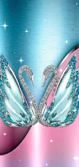 Elegant swan design with crystals on blue and pink gradient background.