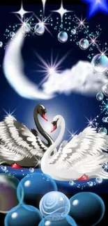 Elegant swan and moonlight wallpaper with stars and a dark blue background.