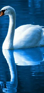 Graceful swan glides on deep blue water.