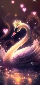 A graceful swan with a crown and heart accents in a magical fantasy scene.