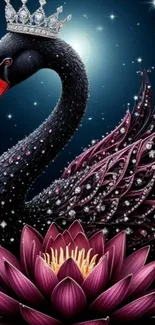 Majestic black swan with a crown and lotus flowers under starry sky.