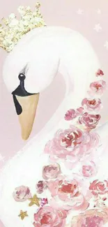 Elegant swan with flowers and a gold crown on a light pink background.