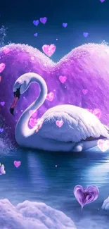 Swan swimming with a purple heart in serene winter scene.