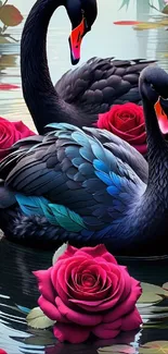 Black swans swimming among red roses in a serene water setting.