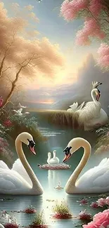 Elegant swans in a mystical fantasy landscape with vibrant flowers and serene waters.