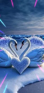 Swans forming a heart on icy lake with a blue winter background.