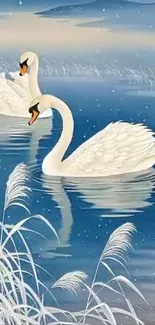 Elegant swans gliding on a serene lake.