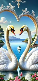 Graceful swans in heart-shaped lake scene, ideal for mobile wallpaper.