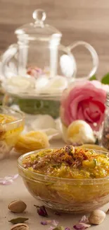 Glass bowls of traditional dessert with decorative floral elements.