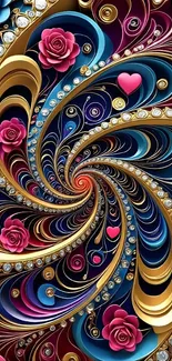 Elegant swirl floral wallpaper featuring vibrant colors and gemstones.
