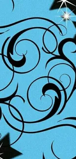 Elegant swirl design on blue wallpaper with black accents.