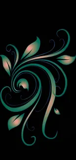 Elegant teal swirl design on black wallpaper.