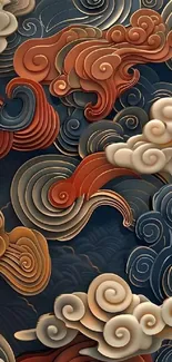 Intricate swirl design wallpaper in orange and blue hues.