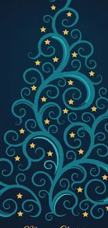 Swirling Christmas tree with stars on dark blue background.