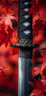 Katana sword with red autumn leaves background.