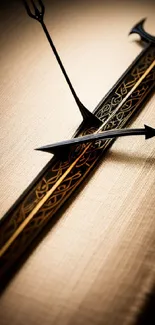 Elegant sword and arrow design on a textured beige background.