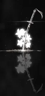 Sword with floral design reflecting on a dark surface.