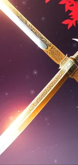 Ornate golden sword with red leaves on a dark background.