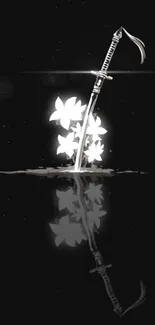 Sword and white flowers reflecting on a dark surface wallpaper.