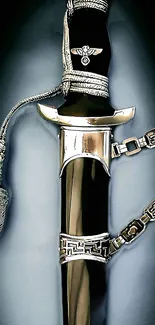 Elegant sword with silver chain and detailed hilt on black background.