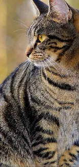 Elegant tabby cat against soft-focused natural background.