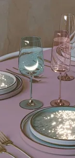 Elegant table setting with sparkling glassware and pastel colors.