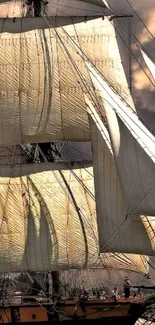 Majestic tall ship with beige sails and dramatic sky.