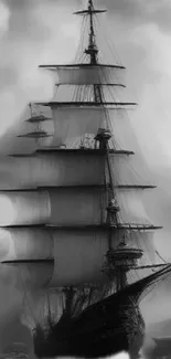 Black and white tall ship sailing in calm sea wallpaper.