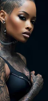 Elegant woman with tattoos on dark background.